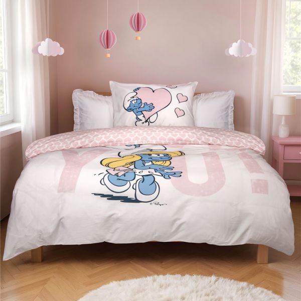 סט מצעי כותנה לילדים דרדסים - דגם Smurf Love