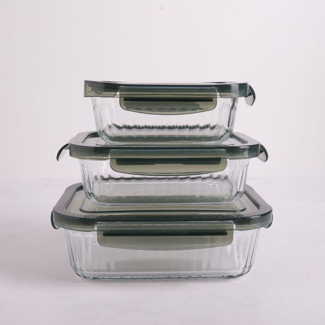 מארז 3 מיכלי אחסון זכוכית עם מכסה פלסטיק