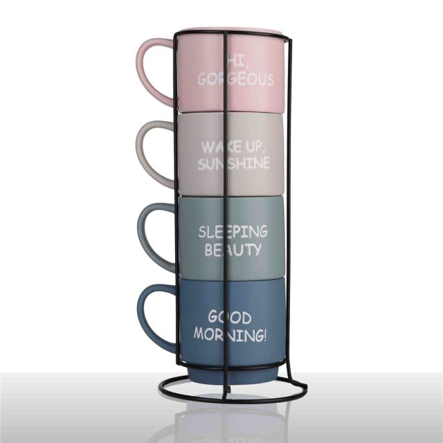 מארז 4 מאגים 400 מ”ל עם מעמד מתכת – פורצלן