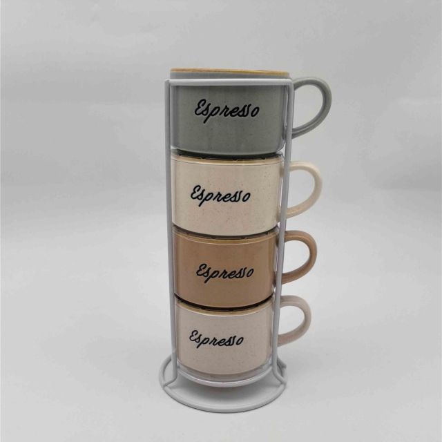 מארז 4 מאגים עם מעמד מתכת – דגם Natural פורצלן