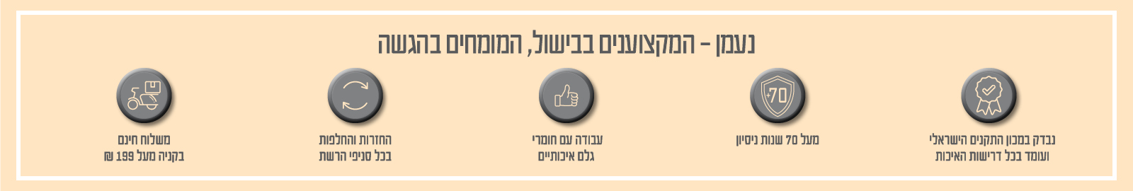 נעמן – המקצוענים בבישול, המומחים בהגשה. משלוח חינם בקנייה מעל ₪199, החזרות והחלפות חינם בכל סניפי הרשת, עבודה עם חומרי גלם איכותיים, מעל 70 שנות ניסיון, נבדק במכון התקנים הישראלי ועומד בכל דרישות האיכות